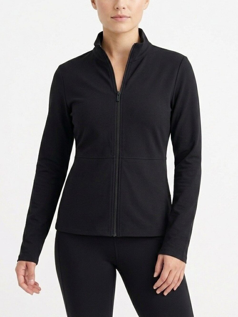 Eileen Fisher Petite S PS Full Zip Mock Neck Top Black Stretch Minimalist Basic
